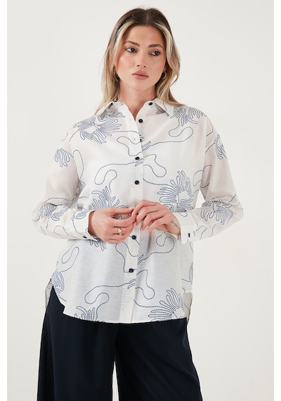 Lela Desenli Regular Fit Uzun Kollu Bayan Gömlek 6773200 Beyaz-Indigo