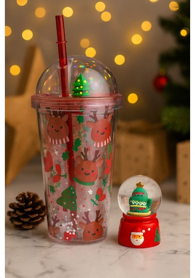 Gençlere Özel 2'li Kombin Noel Seti Geyik Desenli 450 Ml Suluk & Işıklı Eldiven Kar Küresi 6.5 Cm Çok Renkli