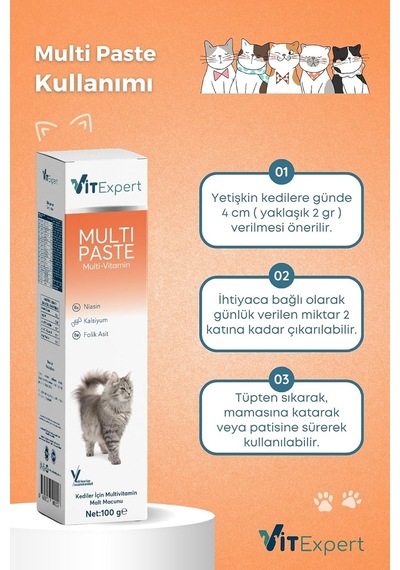 Multi Paste Tüm Kediler Için Multi Vitamin Bağışıklık Ve Tüy Sağlığı Tamamlayıcı Malt Macun 100 Gr