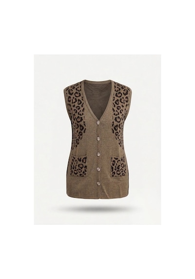 Onno Style Women Simli Leopar Desen Klasik Düğmeli Yelek Vizon