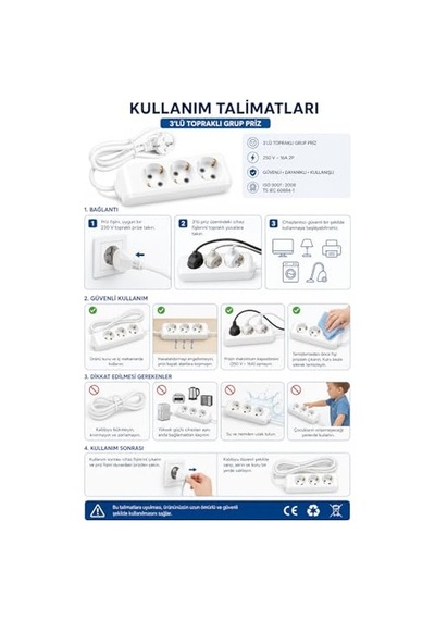5 Metre Tam Boy Uzunluklu 3 Lü Topraklı Grup Priz 250v 16a Yüksek Güvenlikli, Dayanıklı Gövde, Ev-ofis-atölye Kullanımına Uygun Çok Amaçlı Uzatma Prizi