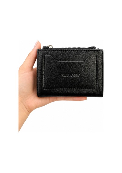 Sanmorris Unisex Fermuarlı Kartlık Çok Gözlü Kompakt Cüzdan S-2006 Siyah Mat