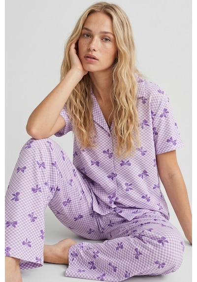 Siyah İnci İnce Soft Örme Mevsimlik Düğmeli Pijama Takımı 8002 Lila Fiyonk