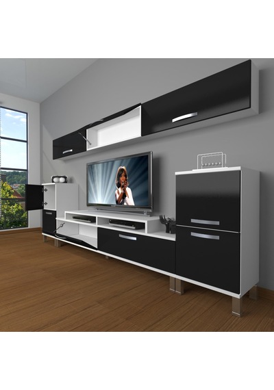 Decoraktiv Ekoflex 9 Slm Krom Ayaklı Tv Ünitesi Tv Sehpası Beyaz - Siyah