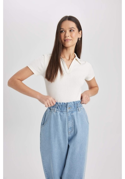 DeFacto Fitted Polo Yaka Fitilli Kaşkorse Kısa Kollu Beyaz Tişört A0379AX25SMWT32 DeFacto Fitted Polo Yaka Fitilli Kaşkorse Kısa Kollu Beyaz Tişört A0379AX25SMWT32