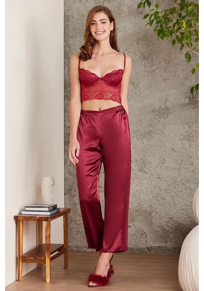 Pierre Cardin 7025 Kadın Bordo 4'lü Saten Takım Gelin Set Bordo