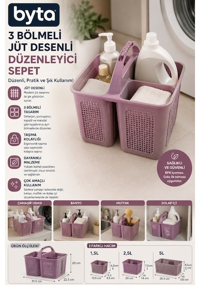 3 Bölmeli Jüt Desenli Çok Amaçlı Düzenleyici Sepet Taşıma Saplı Deterjan Organizeri 1,5l + 2,5l + 5l Mor