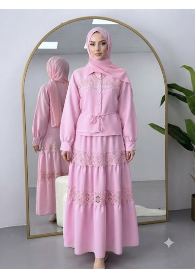 Lovie Moda Dantel Şeritli Gömlek Etekli Takım Pembe