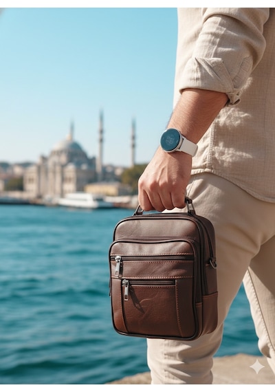 Newish Polo Erkek Deri Postacı Kasalı El Omuz Çantası Orta Kkahve Koyu Kahverengi