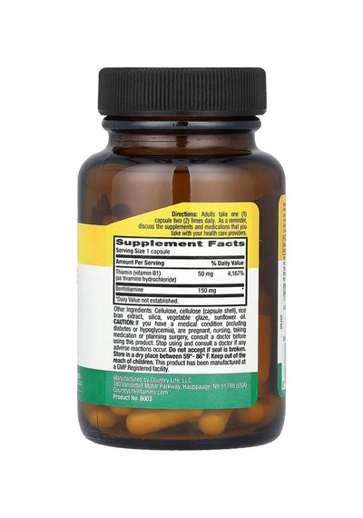 Country Life Benfotiamine With B1 Thiamin 150 Mg, 60 Vegan Capsules