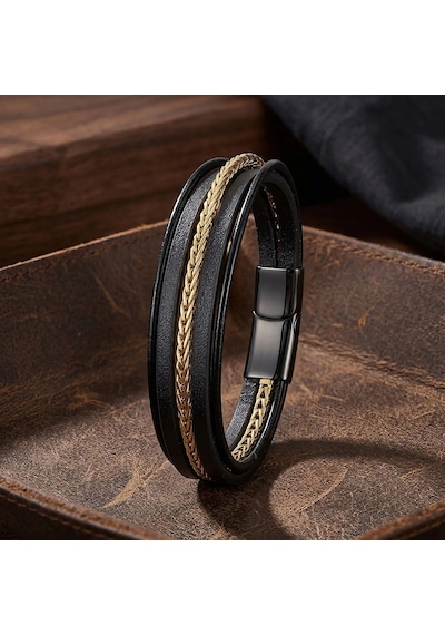 Moncuk Design Gold Çelik Zincir Detaylı Çoklu Deri Erkek Çelik Bileklik 33514b18d1 Çok Renkli