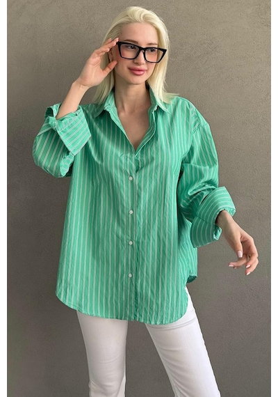 Madmext Mint Yeşili Çizgili Regular Kesim Kadın Gömlek Mg2610 Mint Yeşili