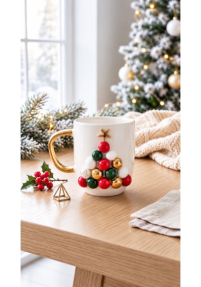 Yılbaşı Ağacı Kabartmalı Seramik Mug 300 Ml El Yapımı 24k Altın Detaylı Beyaz - Çok Renkli
