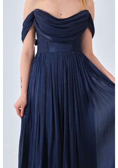 Feminist Lacivert Drape Yaka Detaylı Şifon Straplez Abiye 08011861