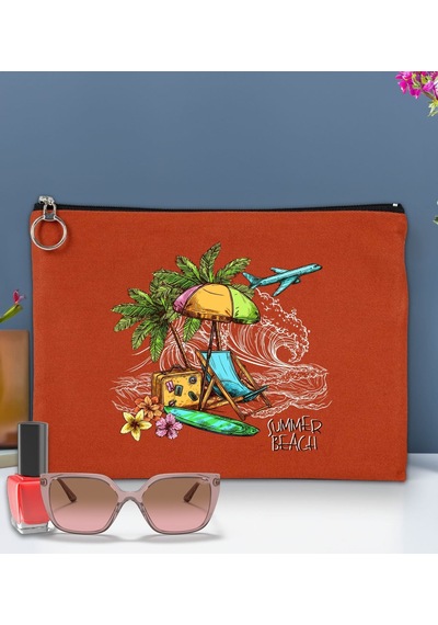 Bk Gift Yaz Temalı-9 Astarlı Kiremit Portföy Çanta 30x21cm, Baskılı El Çantası, Organizer Çanta Çok Renkli
