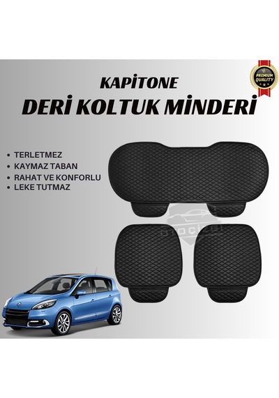 Renault Scenic 3 Uyumlu Deri Kapitone Koltuk Minderi Koruma Kılıfı 3 Lü Set