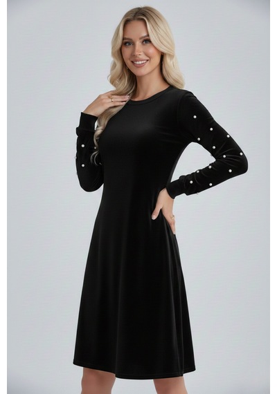 Defymoda Kadın A Form Uzun Kollu İnci Detaylı Kadife Elbise Siyah