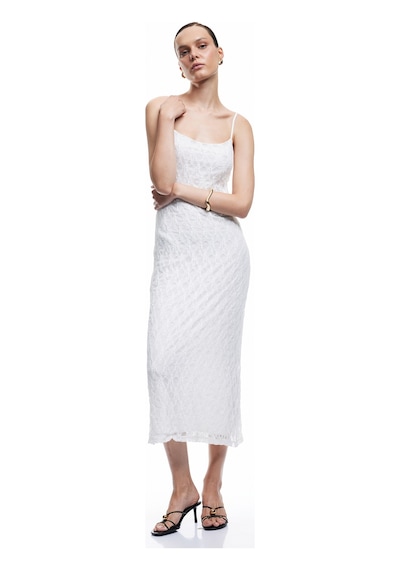 Koton Astarlı Slim Fit Midi Boy İnce Askılı Dantelli Elbise Ekru 5sak80470ek