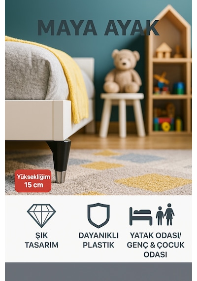 Maya Ayak 15 Cm Siyah-krom Mobilya Kanepe Sehpa Tv Ünitesi Koltuk Genç Ve Çocuk Odası Ayağı Siyah