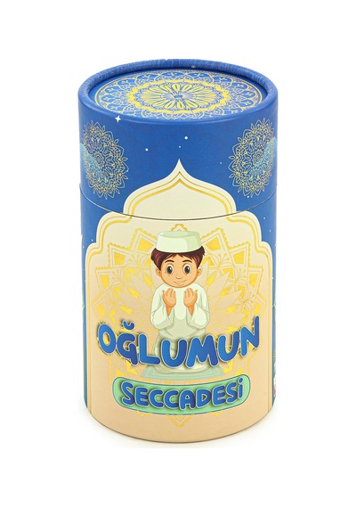 İsme Özel Nakışlı Çocuk Seccadesi Seti Silindir Kutulu Tesbihli Mavi