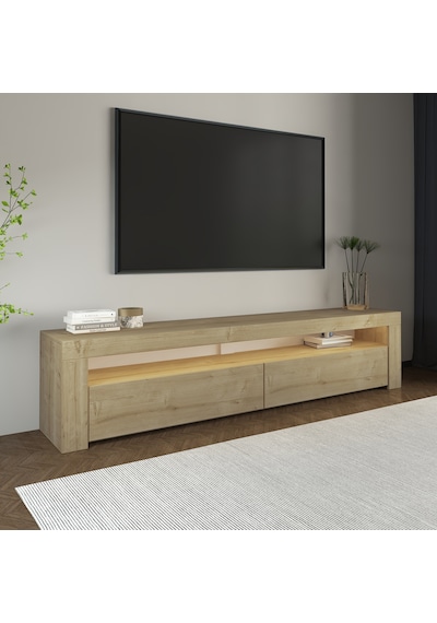 Batı Led Işıklı 2 Kapaklı Tv Sehpası 150 Cm Minimal Tasarım Safir Meşe