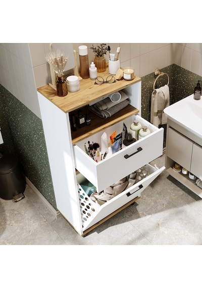 Çamaşır Sepetli Banyo Dolabı, Çok Amaçlı Dolap 60 Cm, Roomart Atlantik Çam - Beyaz Çamaşır Sepetli Banyo Dolabı, Çok Amaçlı Dolap 60 Cm, Roomart Atlantik Çam - Beyaz