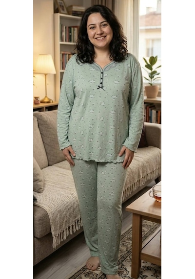 Miss Melina Büyük Beden % 100 Pamuk Uzun Kol Kadın Pijama Takımı Yeşil - 9074506290396