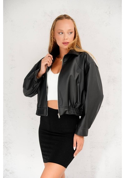 02lady Fashion Oversize Yeni Sezon Bomber Deri Ceket Siyah Siyah