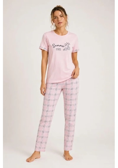 Modi Pamuklu Penye Summer Baskılı Kısa Kollu Pijama Takımı Ekose Desenli - Pembe