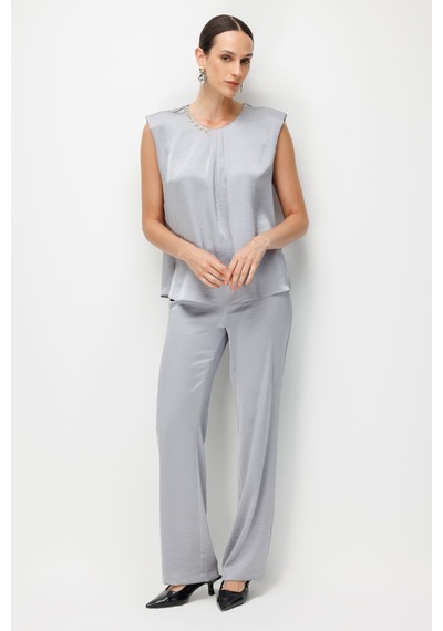 Ekol Kadın Zincir Aksesuarlı Drape Detaylı Bluz 2432 Gümüş