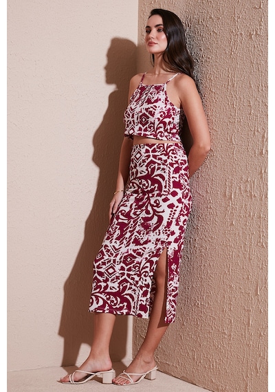 Lela Slim Fit Ip Askılı Yırtmaçlı Midi Alt-Üst Bayan Takım 5865726 Mürdüm