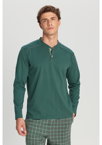 AC&Co / Altınyıldız Classics Erkek Hakı %100 Pamuk Standart Fit Hakim Yaka Desenli Cepli Pijama Takımı Haki