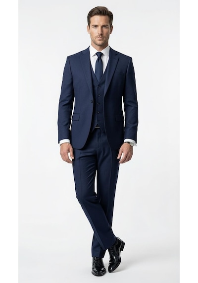 Erkek Klasik Slim Fit Armürlü Kumaş Tek Düğmeli Çift Yırtmaçlı Klasik Yaka Takım Elbise 7 Drop Lacivert