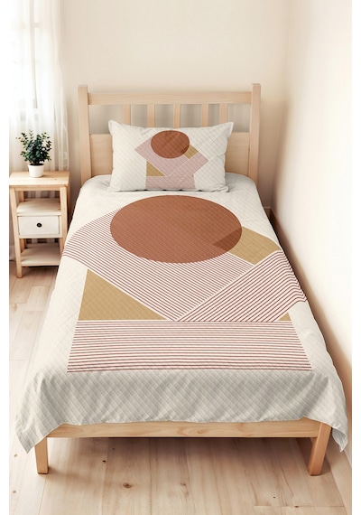 Bej Geometrik Boho Genç Odası Tek Kişilik Pike Takımı - Terracotta 160x220 Cm Kapitone Yatak Örtüsü Naif Örtü Serabı