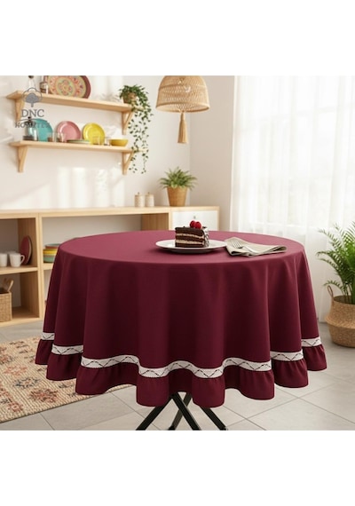 Dnc Home Tekstil Premium Keten Bordo Yuvarlak Fırfırlı Özel Seri Masa Örtüsü Bordo