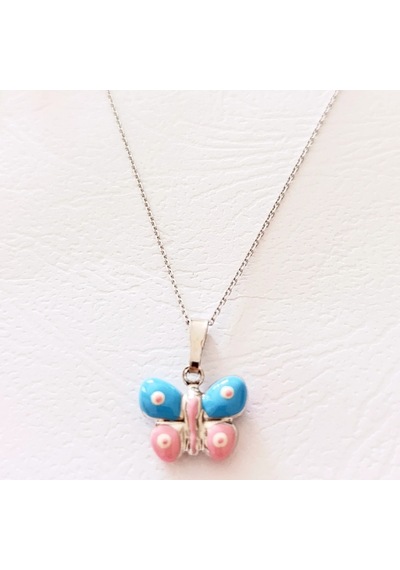 Oriental Kuyumculuk Jewellery Pembe Mineli Kelebek Gumus Kolye Pembe