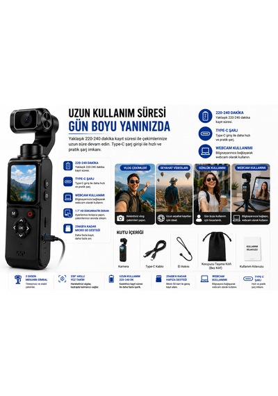 4k Vlog Kamerası 64mp 2 Eksen Mekanik Gimbal 330 Akıllı Yüz Takibi 1.7'' Hd Dokunmatik Ekran Wifi Webcam Type-c