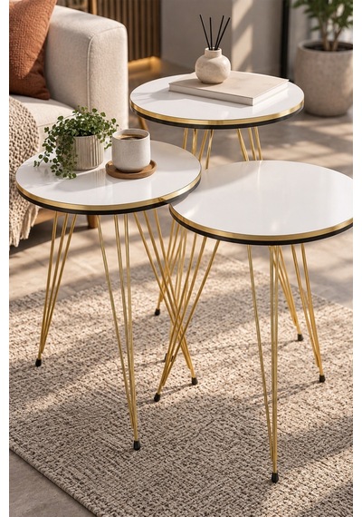 Sulorahome Beyaz Ve Gold Detaylı Üçlü Zigon Sehpa Takımı Beyaz - Altın