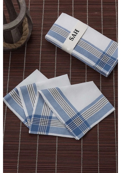 Elif Mira 12 Li Cep Yaka Mendili Pamuklu Şah Desen Mavi 30x30 Cm Çok Renkli