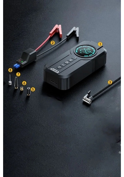 Volemi Vm-726 4'ü 1 Arada Taşınabilir Şarjlı Akü Takviye Cihazı Ve Lastik Şişirme Pompası 10000mah Powerba