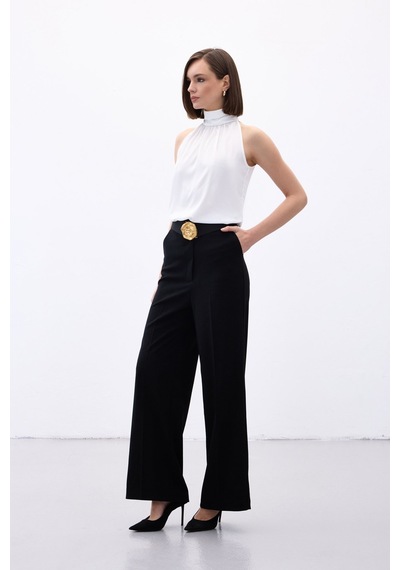 Sateen Palazzo Krep Pantolon - Siyah-136704 siyah