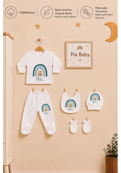 Pia Baby Kişiye Özel Erkek Bebek Zıbın Set 6 Parça %100 Pamuk İsimli Organik Baskılı Battaniyeli 1095bz3x Krem