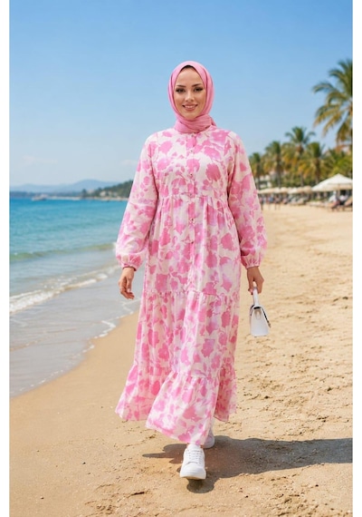 Hb Harma Time Butik Kadın Düğmeli Desenli Modal Kumaş Pembe Elbise Pembe Pembe
