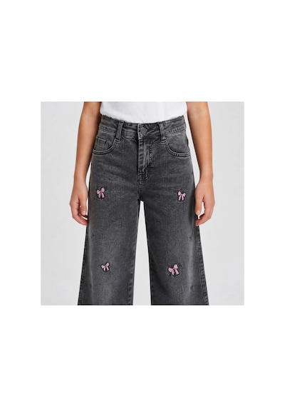 Rony Pony Kids Kız Çocuk Fiyonk Nakışlı Palazzo Kot Pantolon Yüksek Bel Geniş Paça Jean Gri
