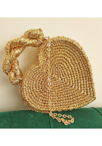 Kemzey Handmade Gold Kalp Çanta , Altın Sarı Parlak Kalp Çantası Altın