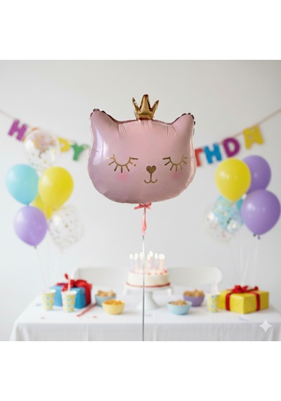56x49 Cm Pembe Kedi Kafası Taçlı Folyo Balon 30 İnç - Doğum Günü Parti Dekorasyon Balonu Çok Renkli