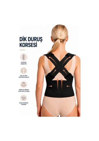 Ortopedik Dik Duruş Korsesi Kamburluk Önleyici, Omuz Sırt Bel Destekli, Cırtlı Ayarlı Unisex Çapraz Bantlı