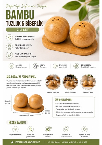 Top Şekilli Tuzluk Biberlik Seti Bambu