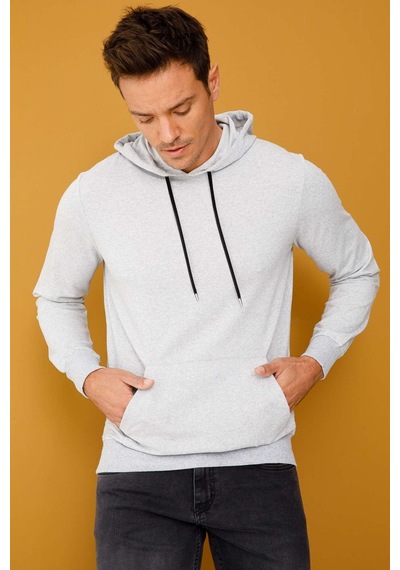 Igs İgs Erkek A.gri Modernfıt / Ekstra Dar Kalıp Kapşonlu Fermuarsız Sweatshirt Açık Gri