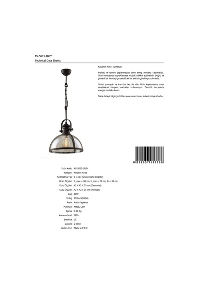 Avonni 5063 Modern Avize, 60 W, Antik Çok Renkli